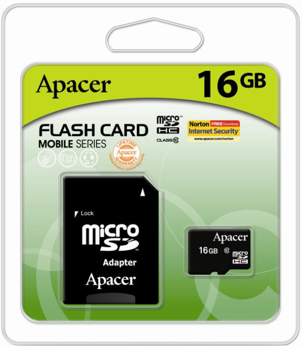 Карта памяти Apacer 16 Gb (Micro-SD) + SD-адаптер для мобильных телефонов (Class 10)