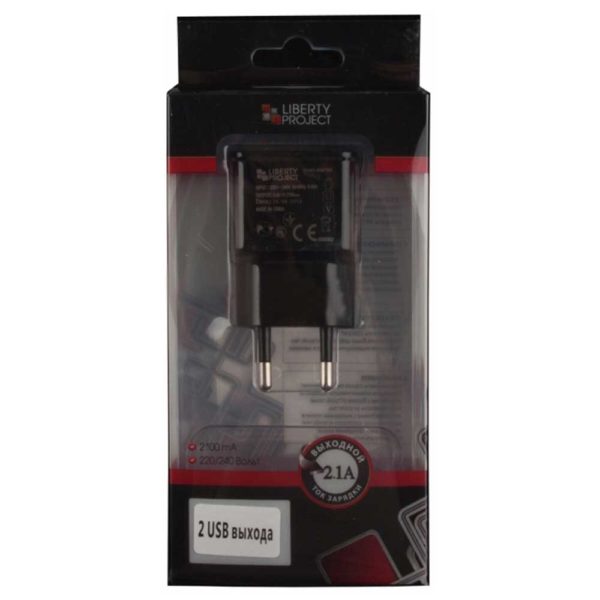 Сетевое зарядное устройство "LP" с 2-мя USB-выходами 2,1А Черное/коробка (LPTC2A2U)