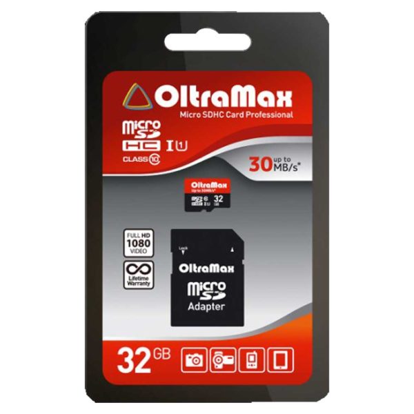 Карта памяти MicroSD OltraMax 32Gb Class 10 UHS-I + SD-адаптер
