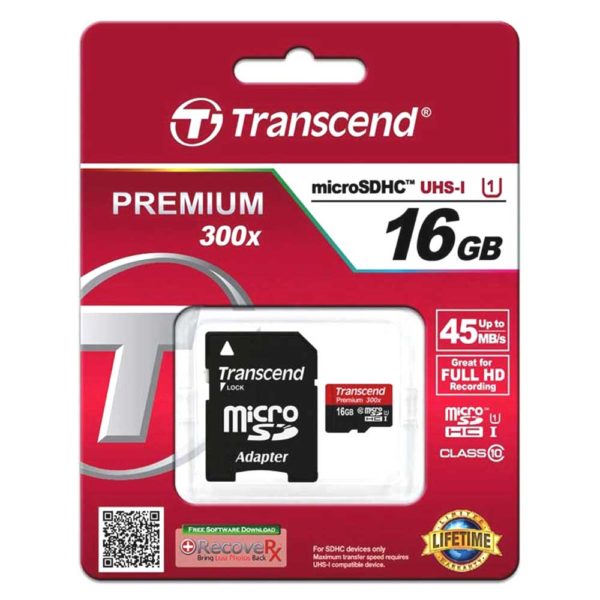 Карта памяти MicroSDHC 16 Gb Transcend Class 10 UHS-1 + адаптер SD PREMIUM 300x (TS16GUSDU1)