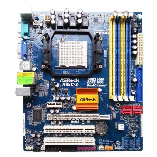 Материнская плата (M/B) S-AM2+ Asrock N68C-S NVIDIA GeForce 7025, 1xAM2, 4xDDR2/DDR3 DIMM, 1xPCI-E x16, встроенный звук: HDA, 5.1, встроенная графика, Ethernet: 10/100 Мбит/с, форм-фактор microATX (Б/У)