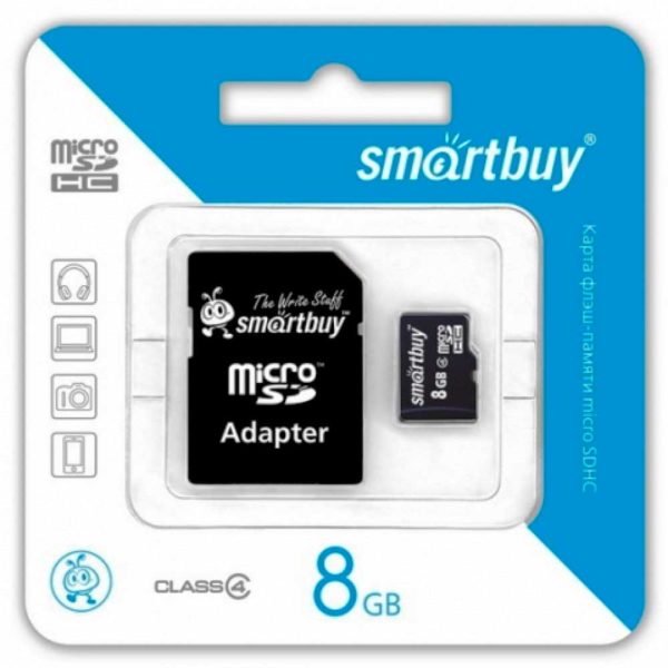 Карта памяти MicroSDHC SmartBuy 8 ГБ Class 4 + адаптер SD (SB8GBSDCL4-01)