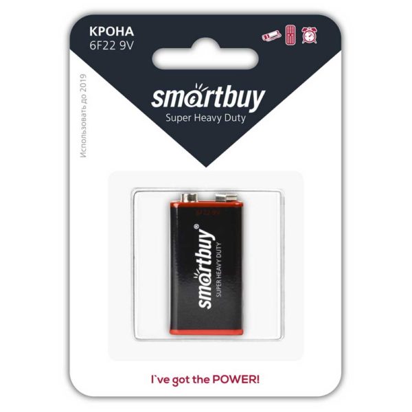 Батарея SmartBuy 6F22-1B Крона, Солевая, 1 штука в блистере (SBBZ-9V01B)