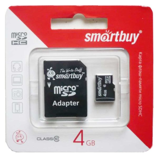 Карта памяти MicroSDHC SmartBuy 4 ГБ Class 10 с адаптером SD (SB4GBSDCL10-01)