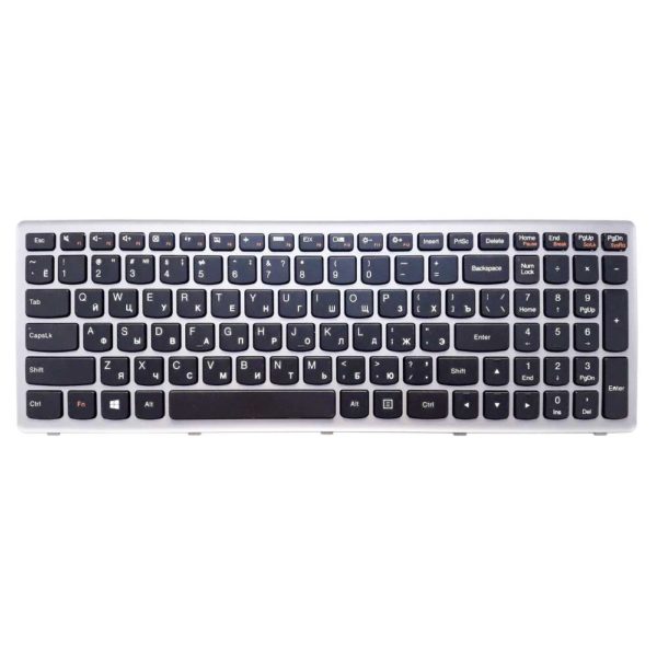 Клавиатура для ноутбука Lenovo IdeaPad P500, Z500, Z500A, Z500G, Z500T Black Черная, Рамка Silver Серебристая (MP-10A1, MP-24L41-RU, 25013004)