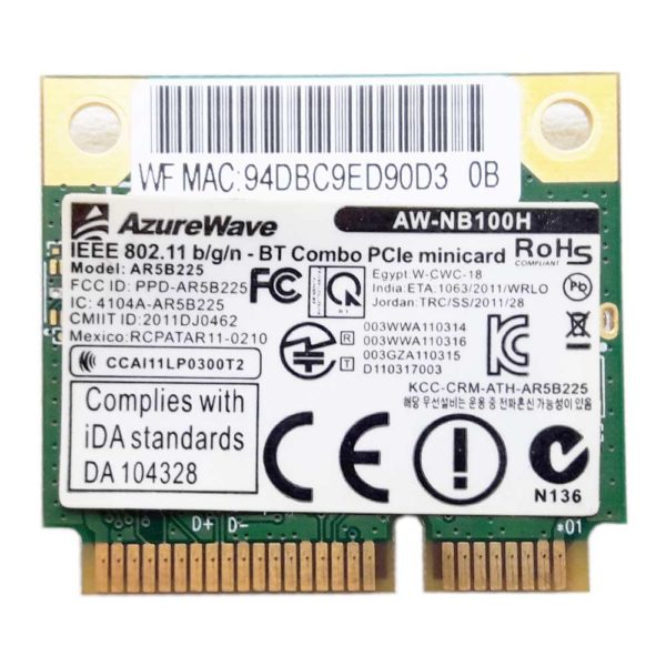 Модуль Wi-Fi + Bluetooth 4.0 Combo PCIe minicard AzureWave AR5B225 802.11 b/g/n для ноутбука DNS A35FB, DNS 0156796 (AW-NB100H)