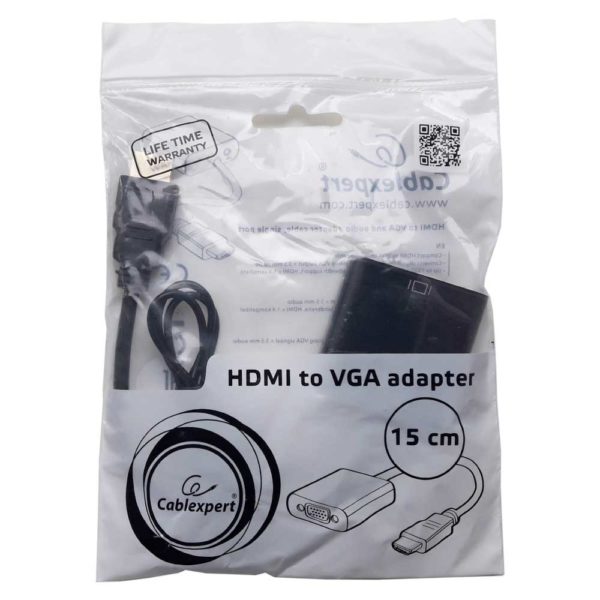 Конвертер, переходник HDMI - VGA, D-SUB с аудиовыходом, Up to 1080p + Аудиокабель 3.5 мм, 15 см, Black Черный (Cablexpert A-HDMI-VGA-03)