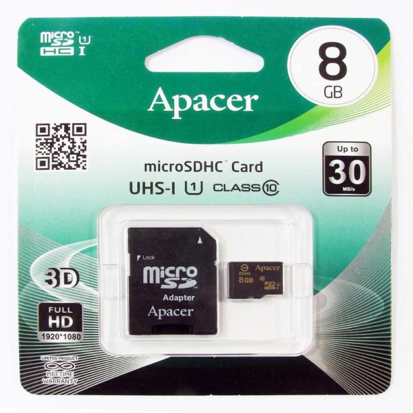 Карта памяти MicroSDHC Apacer UHS-I 8 ГБ Class 10 + адаптер SD (AP8GMCSH10U1-R)